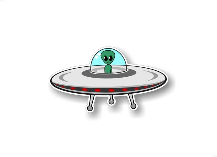 Alien UFO UAP Flying Saucer 7" Vinyl Sticker Decal Funny SUV Car 4x4 Truck Martian Little Green Men Space Ship Decals -Street Legal Decals