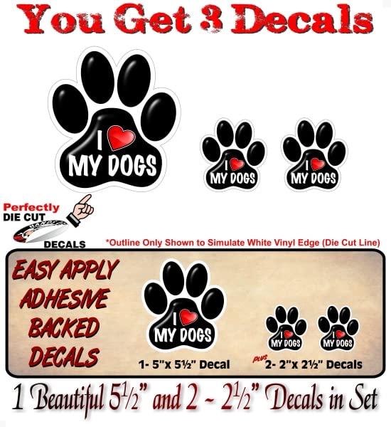 3 I Love My Dogs Giant PAW Decal Sticker Set Heart with Love Dog Puppy Breed Pet Paws Car Decals Pet Adoption Rescue Kennel Animal Shelter Vinyl Stickers -Street Legal Decals