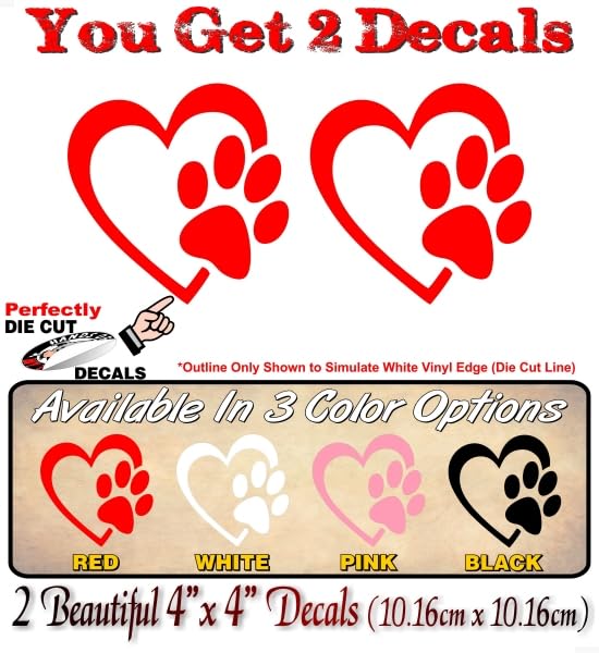 2 Heart with Paw Print Solid Color 4'' Decals Dog Cat Love Paws Cute Car Sticker Decal Pet Adoption Rescue Kennel Animal Shelter Vinyl Stickers -Street Legal Decals