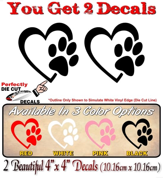 2 Heart with Paw Print Solid Color 4'' Decals Dog Cat Love Paws Cute Car Sticker Decal Pet Adoption Rescue Kennel Animal Shelter Vinyl Stickers -Street Legal Decals