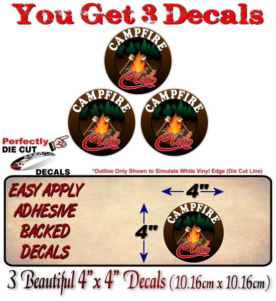 3 Campfire Club 4'' Vinyl Decals Bonfire Camping Tenting Friends Family Group Campsite Backwoods Camp Site Vehicle Stickers -Street Legal Decals