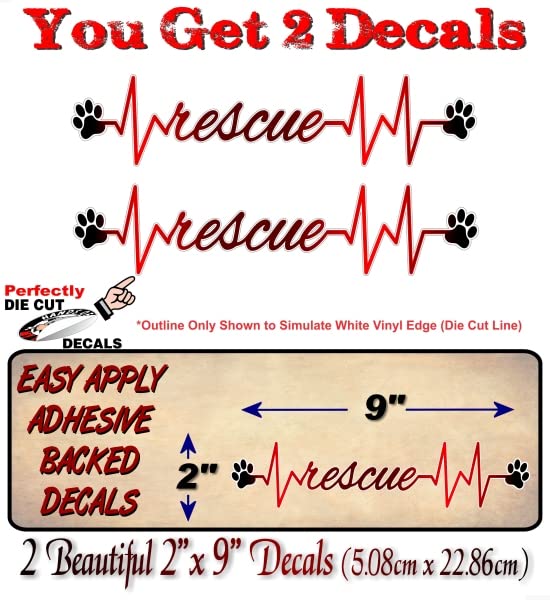 2 Rescue Heartbeat with Paw Prints 9'' Decals Animal Cats Dogs Shelter Paws Cute Store Entrance Sticker Decal Pet Adoption Kennel Car SUV Vinyl Stickers -Street Legal Decals