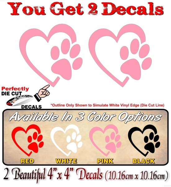 2 Heart with Paw Print Solid Color 4'' Decals Dog Cat Love Paws Cute Car Sticker Decal Pet Adoption Rescue Kennel Animal Shelter Vinyl Stickers -Street Legal Decals