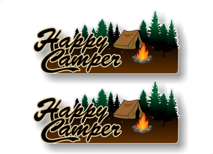 2 Happy Camper 9'' Vinyl Decals Camping Tenting Campsite Backwoods Camp Site Vehicle Stickers -Street Legal Decals