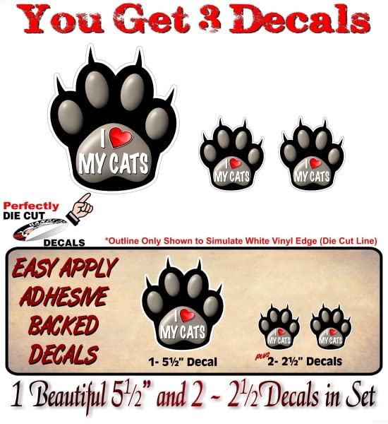 3 I Love My Cats Giant PAW Decal Sticker Set Heart with Love Kitten Breed Pet Paws Car Decals Pet Adoption Rescue Kennel Animal Shelter Vinyl Stickers -Street Legal Decals