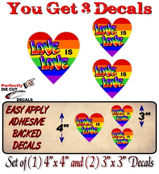 3 Love is Love Pride Heart Decals (1-4 Inch and 2-3 Inch Decals) LGBT Pride Parade Gift Rainbow Flag Peace Gay Lesbian Decal for Car Truck Vehicle Vinyl Stickers -Street Legal Decals