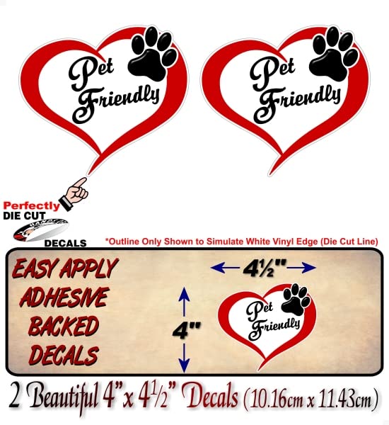 2- Pet Friendly Heart with Paw Love 4.5'' Decals Animals Welcome Paws Cute Store Entrance Sticker Decal Pet Adoption Rescue Kennel Car SUV Animal Shelter Vinyl Stickers -Street Legal Decals