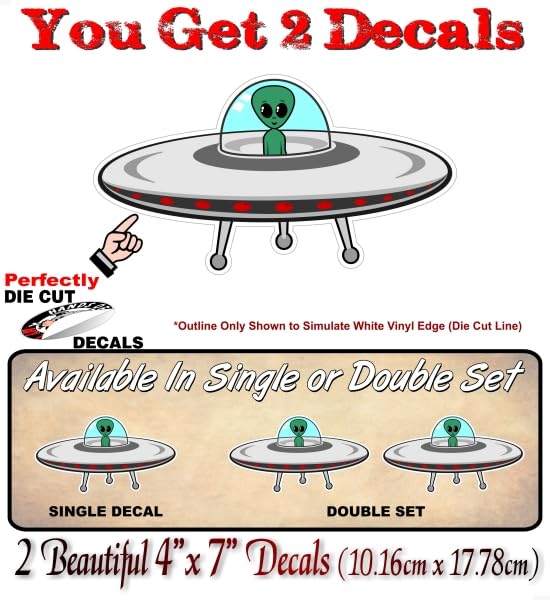 Alien UFO UAP Flying Saucer 7" Vinyl Sticker Decal Funny SUV Car 4x4 Truck Martian Little Green Men Space Ship Decals -Street Legal Decals