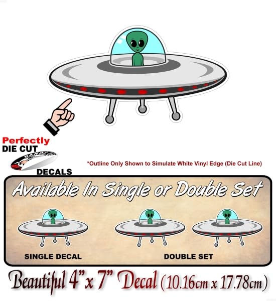 Alien UFO UAP Flying Saucer 7" Vinyl Sticker Decal Funny SUV Car 4x4 Truck Martian Little Green Men Space Ship Decals -Street Legal Decals