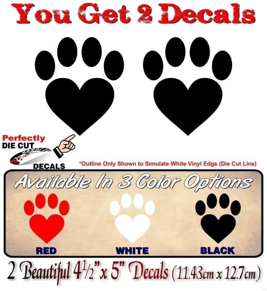 2 Dog Paw Love Print Solid Color 5'' Decals Dog Love Paws Cute Car Sticker Decal Pet Adoption Rescue Kennel Animal Shelter Vinyl Stickers -Street Legal Decals