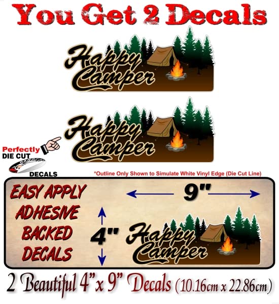 2 Happy Camper 9'' Vinyl Decals Camping Tenting Campsite Backwoods Camp Site Vehicle Stickers -Street Legal Decals