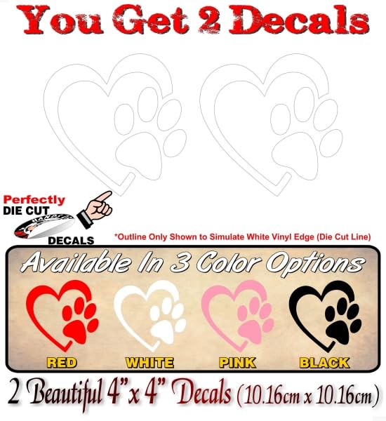 2 Heart with Paw Print Solid Color 4'' Decals Dog Cat Love Paws Cute Car Sticker Decal Pet Adoption Rescue Kennel Animal Shelter Vinyl Stickers -Street Legal Decals