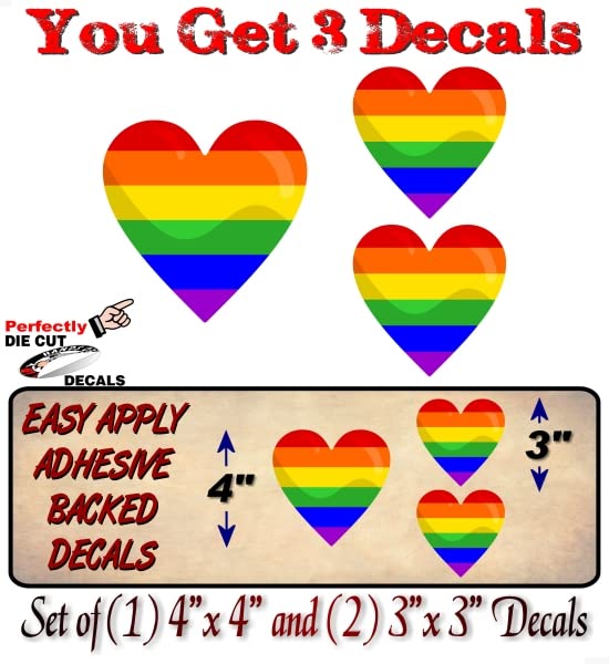 3 Pride Heart Full Color Decals (1-4 Inch and 2-3 Inch Decals) LGBT Pride Parade Gift Rainbow Flag Peace Love Gay Lesbian Decal for Car Truck Vehicle Vinyl Stickers -Street Legal Decals