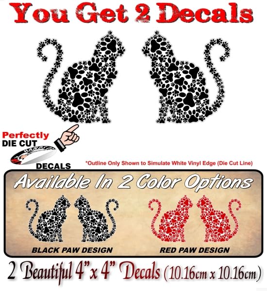 2 PAW CAT in The Black Paw Design 4'' Vinyl Decals Kitten Foot Print Cat Stickers for Car Truck or Pet Rescue Animal Shelter Door Sticker Decal -Street Legal Decals