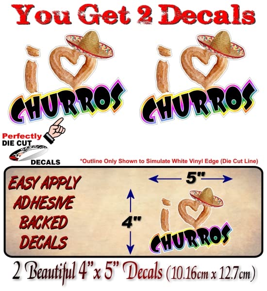 2 I Love Churros 5'' Decals Churro Fried Dough Concession Trailer Stand Menu Board Vinyl Stickers -Street Legal Decals