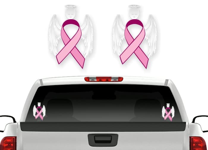 2 Cancer Angel Pink Ribbon Decals Breast Cancer Loss Never Forget Peace Love Vinyl Vehicle Stickers -Street Legal Decals