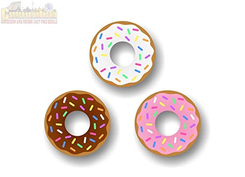 3 Cartoon Donuts 4" Vinyl Decals Donut Shop Coffee Machine Menu Sign Concession Trailer Cart Grocery Gourmet Food Convenience Store Counter Wall or Window Stickers -Street Legal Decals