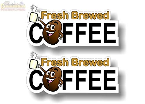 2 Fresh Brewed Coffee Cartoon Coffee Bean Decals for Coffee Wagon Concession Trailer Cart Grocery Gourmet Food Convenience Store Shop Counter Wall or Window Stickers -Street Legal Decals