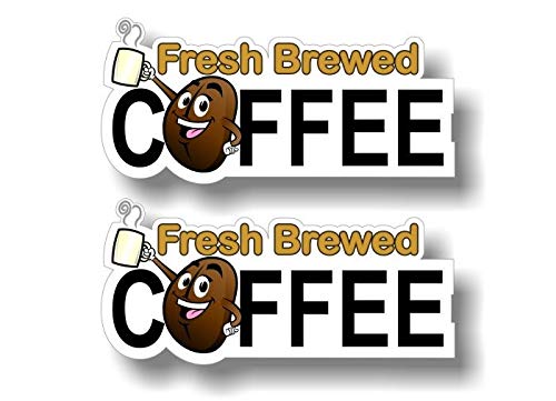 2 Fresh Brewed Coffee Cartoon Coffee Bean Decals for Coffee Wagon Concession Trailer Cart Grocery Gourmet Food Convenience Store Shop Counter Wall or Window Stickers -Street Legal Decals