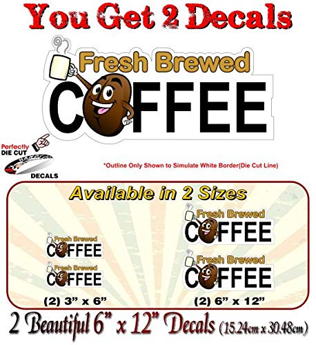 2 Fresh Brewed Coffee Cartoon Coffee Bean Decals for Coffee Wagon Concession Trailer Cart Grocery Gourmet Food Convenience Store Shop Counter Wall or Window Stickers -Street Legal Decals