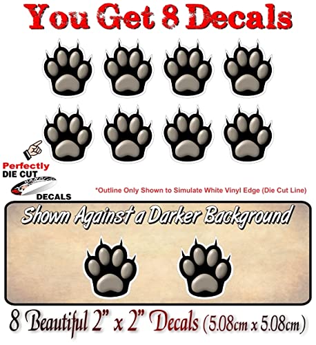 8 CAT PAW Prints 2" Black w/White Outline Decal Cat Kitten Kitty Foot Print Vinyl Stickers for Car Vehicle Window or Bumper (Black w/White Outline) -Street Legal Decals