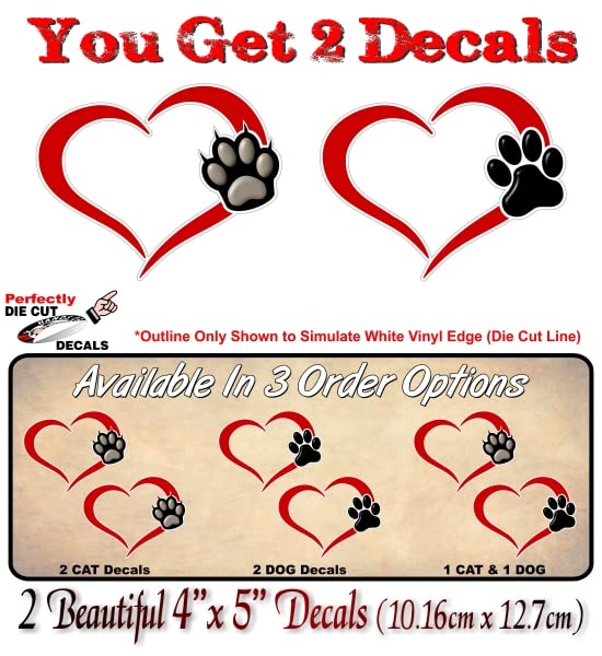 2- Paw Heart 5'' Decals Kitten Love Breed Pet Paws Cute Car Sticker Decal Pet Adoption Rescue Kennel SUV Animal Shelter Vinyl Stickers -Street Legal Decals