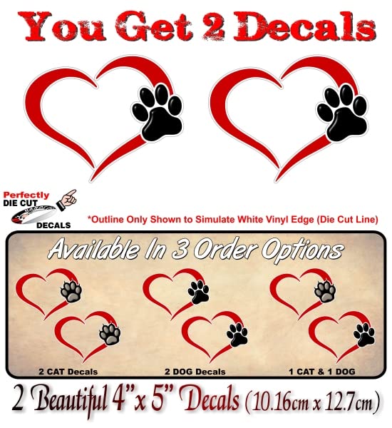 2- Paw Heart 5'' Decals Kitten Love Breed Pet Paws Cute Car Sticker Decal Pet Adoption Rescue Kennel SUV Animal Shelter Vinyl Stickers -Street Legal Decals