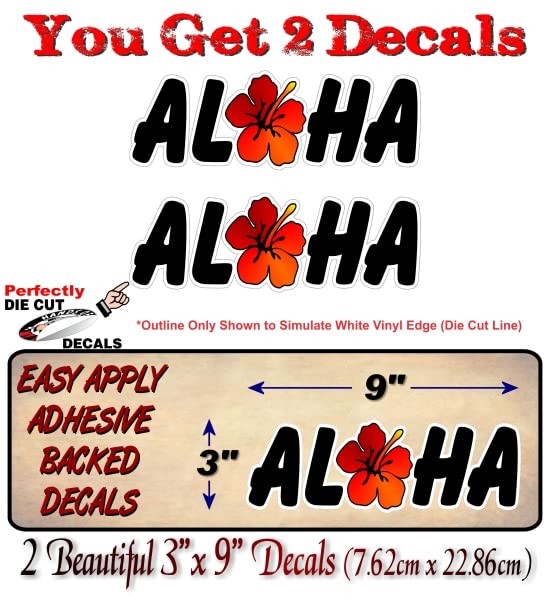 2- 9'' Aloha Hawaii Hibiscus Vinyl Sticker Decals Sun Surf Sand Hawaiian Decal Tiki Party Decor Stickers -Street Legal Decals