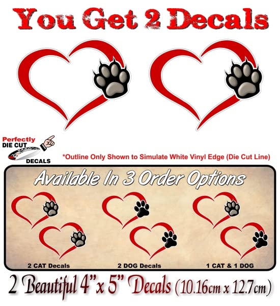 2- Paw Heart 5'' Decals Kitten Love Breed Pet Paws Cute Car Sticker Decal Pet Adoption Rescue Kennel SUV Animal Shelter Vinyl Stickers -Street Legal Decals