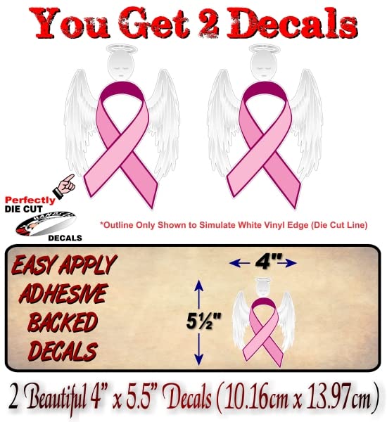 2 Cancer Angel Pink Ribbon Decals Breast Cancer Loss Never Forget Peace Love Vinyl Vehicle Stickers -Street Legal Decals