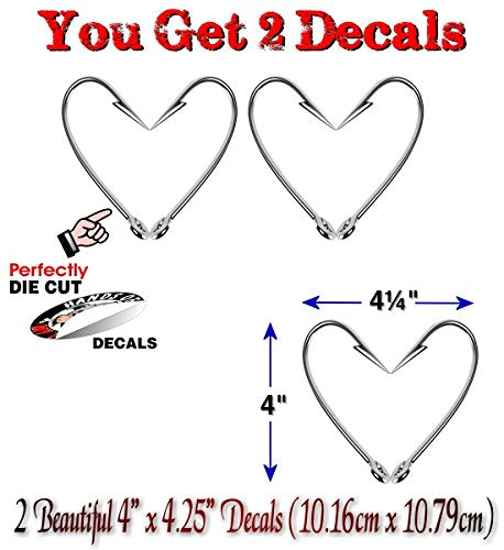 (2) Love Fishing Hook Hearts 4.25" Decals-Street Legal Decals