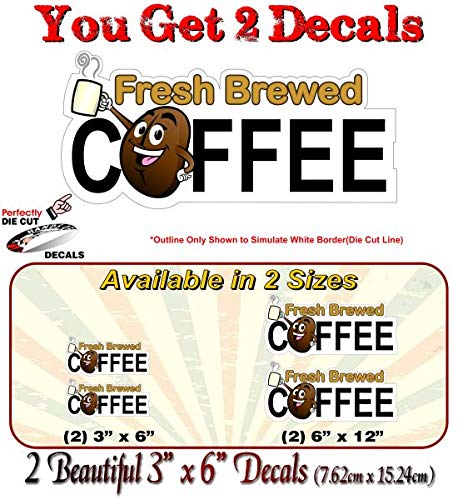 2 Fresh Brewed Coffee Cartoon Coffee Bean Decals for Coffee Wagon Concession Trailer Cart Grocery Gourmet Food Convenience Store Shop Counter Wall or Window Stickers -Street Legal Decals