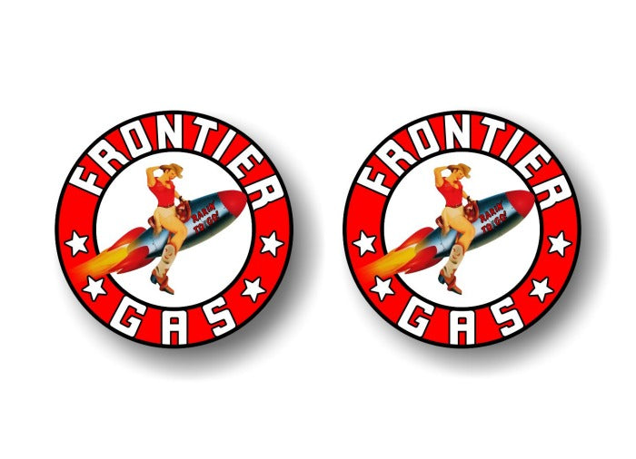 (2) Vintage Frontier Gasoline Pin-up Girl Rocket Rarin' To Go! Decals -Street Legal Decals