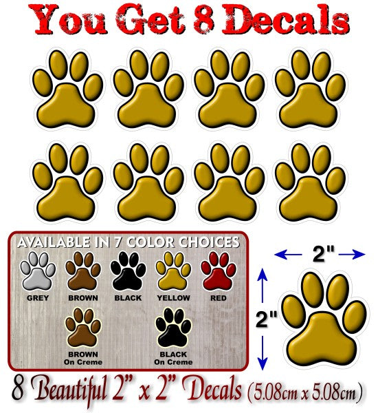 (8) Paw Prints 2" Decals -Street Legal Decals