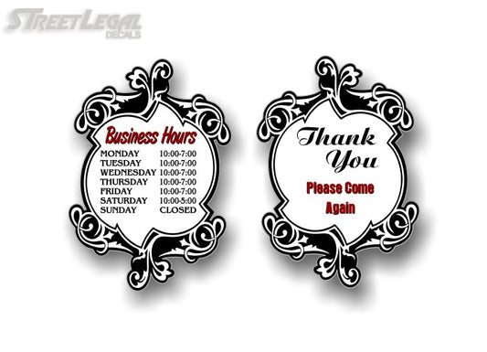 (2) Elegant Business Hours Personalized Decals-Street Legal Decals