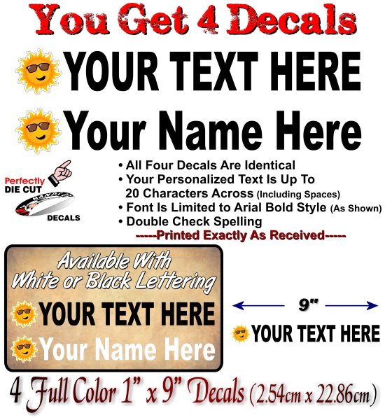 (4) Cool Sun Personalized Lettering 9" Sticker Decals -Street Legal Decals