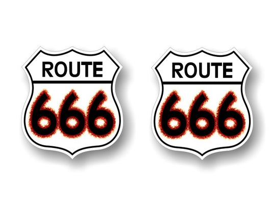(2) Route 666 Devilish Parody Highway Marker Decals -Street Legal Decals