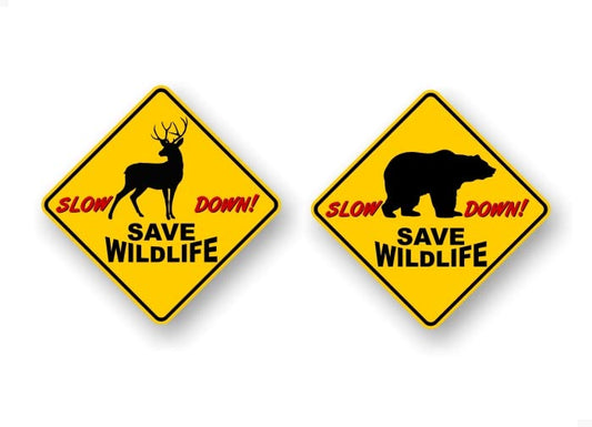 2 SLOW DOWN Save Wildlife 7" Decals Yellow Diamond Car Sticker Caution Sign Bear and Deer Warning Don't Speed Vinyl Stickers -Street Legal Decals