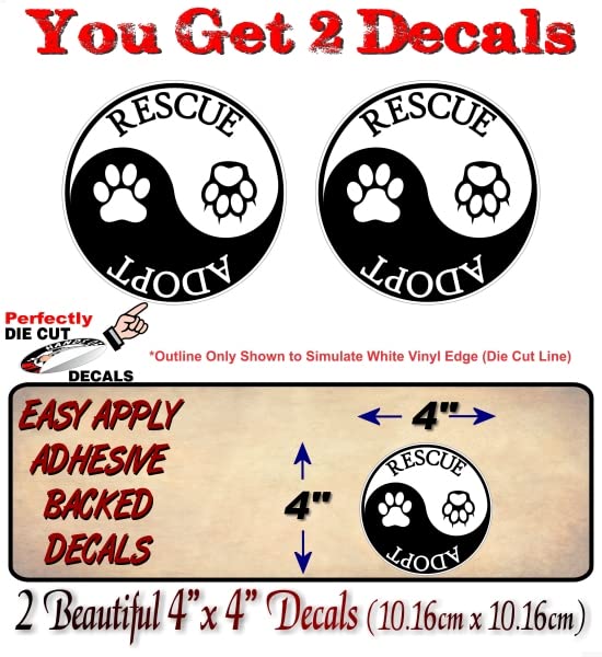 2- Yin and Yang Rescue Adopt 4'' Decals Animals Welcome Paws Cute Store Entrance Sticker Decal Pet Adoption Kennel Car SUV Animal Shelter Vinyl Stickers -Street Legal Decals