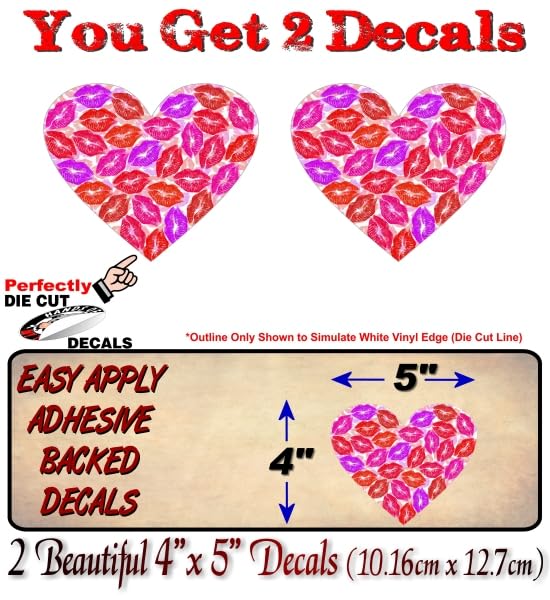 2 Heart of Kisses 5'' Vinyl Stickers Decals Kissing Pink Red Lipstick Print Girls Lips Car SUV or Truck Decals -Street Legal Decals