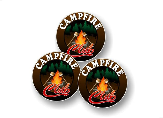 3 Campfire Club 4'' Vinyl Decals Bonfire Camping Tenting Friends Family Group Campsite Backwoods Camp Site Vehicle Stickers -Street Legal Decals