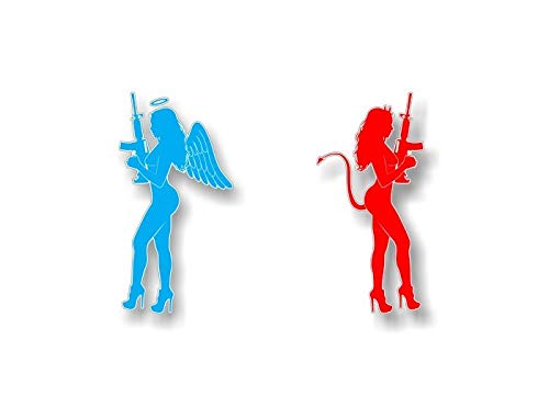 2 Naughty and Nice Armed Angel - Devil Sexy Girls Gun Girl Decals Racing Race Stickers -Street Legal Decals