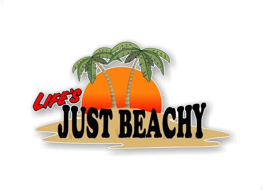 Life's Just Beachy Tropical Island 7'' Decal Sun Surf Sand Palm Tree Vacation Vinyl Stickers Retirement Gift Decals for Your Surfboard Car Truck or Hard Laptop Case -Street Legal Decals