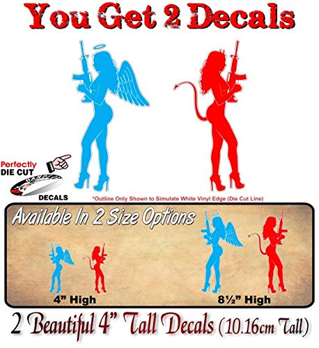 2 Naughty and Nice Armed Angel - Devil Sexy Girls Gun Girl Decals Racing Race Stickers -Street Legal Decals