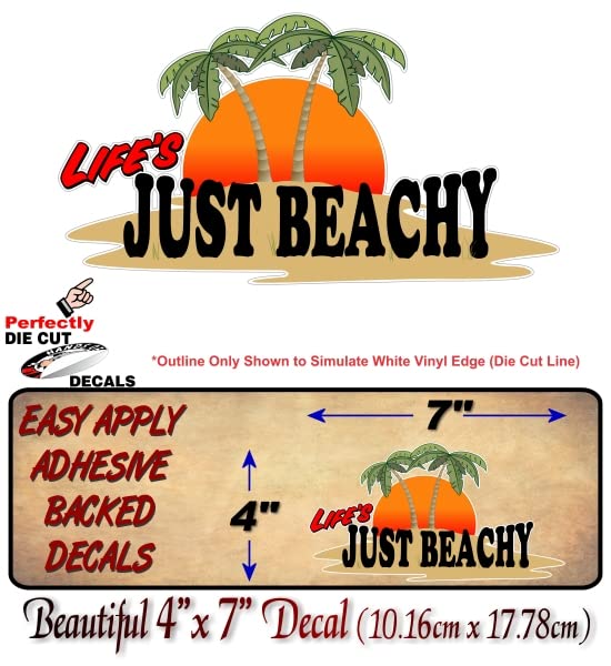 Life's Just Beachy Tropical Island 7'' Decal Sun Surf Sand Palm Tree Vacation Vinyl Stickers Retirement Gift Decals for Your Surfboard Car Truck or Hard Laptop Case -Street Legal Decals