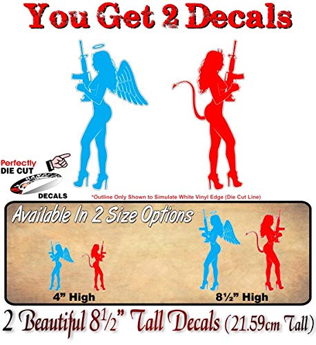 2 Naughty and Nice Armed Angel - Devil Sexy Girls Gun Girl Decals Racing Race Stickers -Street Legal Decals