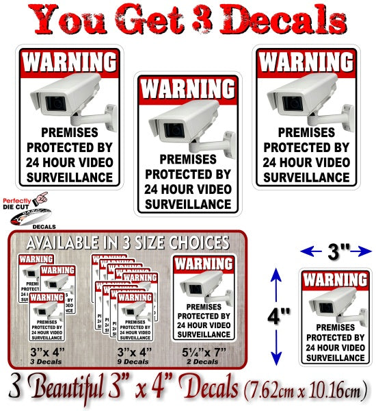 (3) Warning 24 Hour Video Surveillance Decals -Street Legal Decals