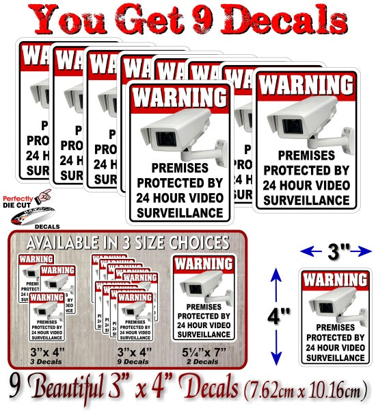 (3) Warning 24 Hour Video Surveillance Decals -Street Legal Decals