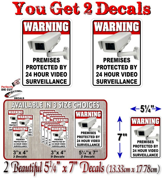 (3) Warning 24 Hour Video Surveillance Decals -Street Legal Decals