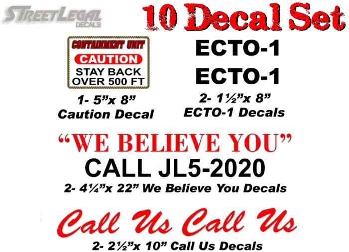 10 Piece GHOSTBUSTERS ECTO-1 Vehicle Decals Halloween Ghost Prop Vinyl Car Decal Set -Street Legal Decals